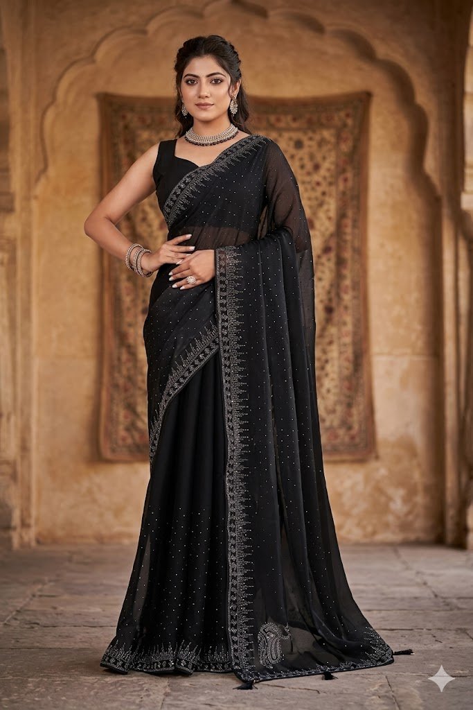 Women's Black Fancy Chiffon Soft Silk Saree | Intricate Crystal Stone Work | Heavy Designer Border | Includes Unstitched Blouse Piece - Image 4