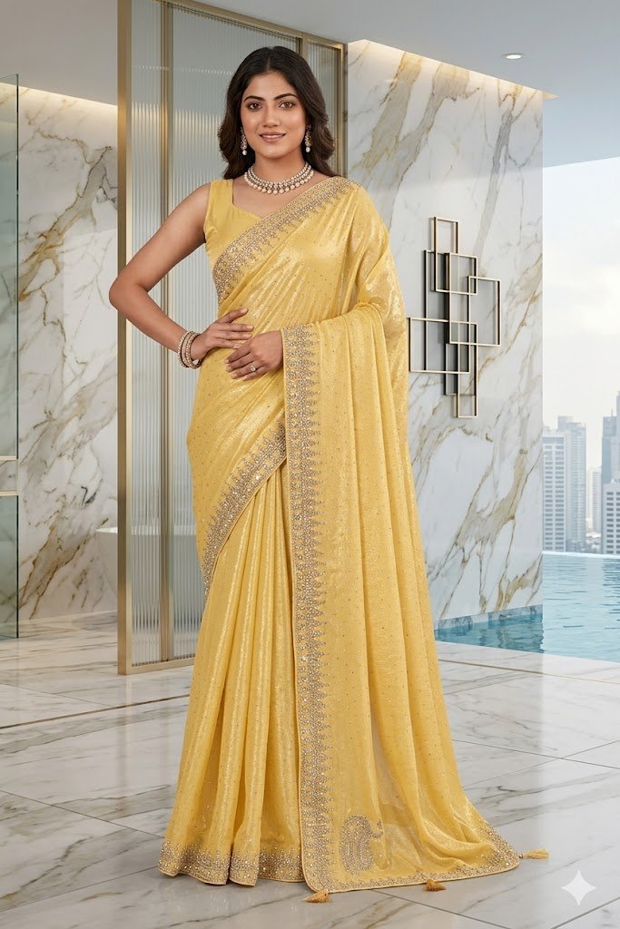 Women's Fancy Chiffon Soft Silk Saree | Intricate Crystal Stone Work | Heavy Designer Border | Includes Unstitched Blouse Piece