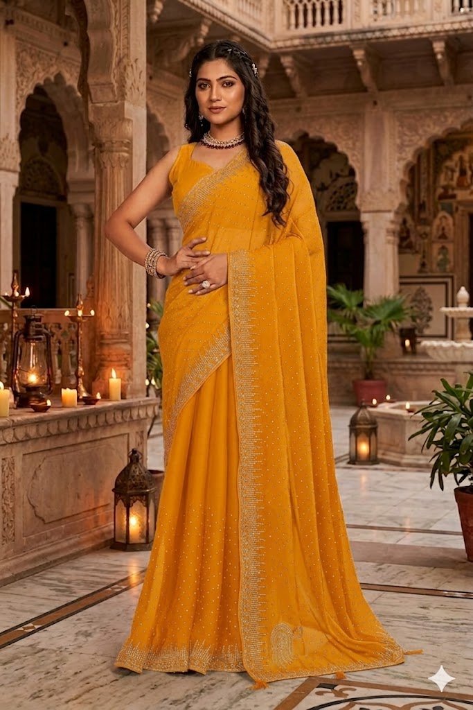 Women's Fancy Chiffon Soft Silk Saree | Intricate Crystal Stone Work | Heavy Designer Border | Includes Unstitched Blouse Piece - Image 4