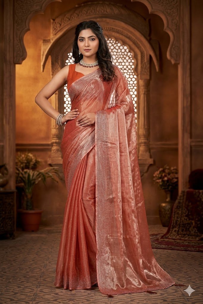 Women's Fancy Chiffon Soft Silk Saree | Intricate Crystal Stone Work | Heavy Designer Border | Includes Unstitched Blouse Piece - Image 5