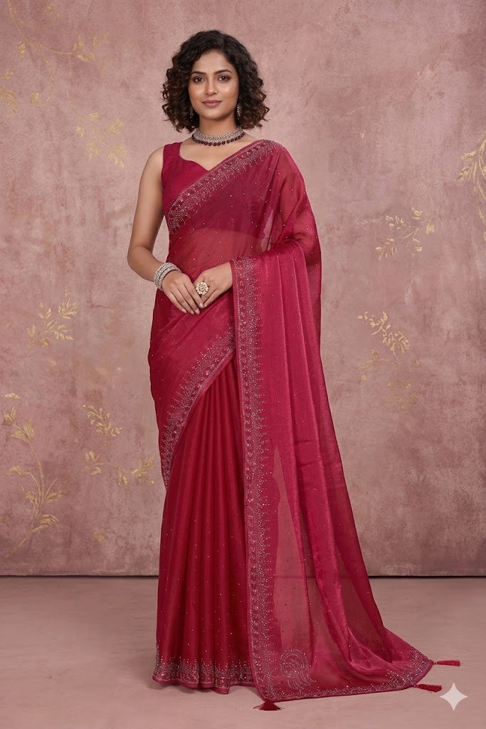 Women's Fancy Chiffon Soft Silk Saree | Intricate Crystal Stone Work | Heavy Designer Border | Includes Unstitched Blouse Piece - Image 4