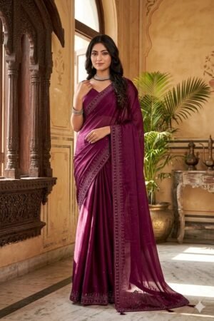 Women's Fancy Chiffon Soft Silk Saree | Intricate Crystal Stone Work | Heavy Designer Border | Includes Unstitched Blouse Piece