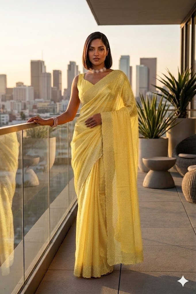 Women's Fandy Chiffon Soft Silk Saree with Crystal Work, Lightweight with Unstitched Blouse Piece - Image 4