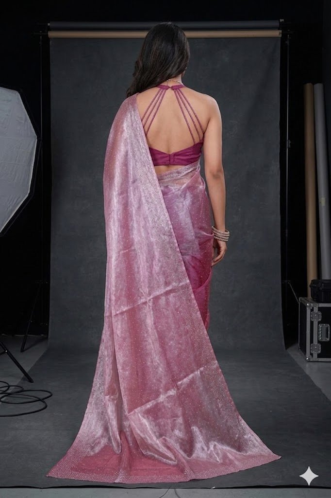Women's Fandy Chiffon Soft Silk Saree with Crystal Work, Lightweight with Unstitched Blouse Piece - Image 4