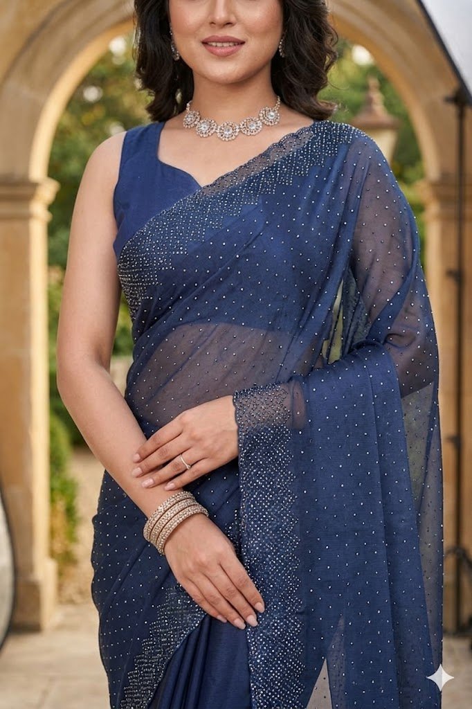 Women's Fandy Chiffon Soft Silk Saree with Crystal Work, Lightweight with Unstitched Blouse Piece - Image 5