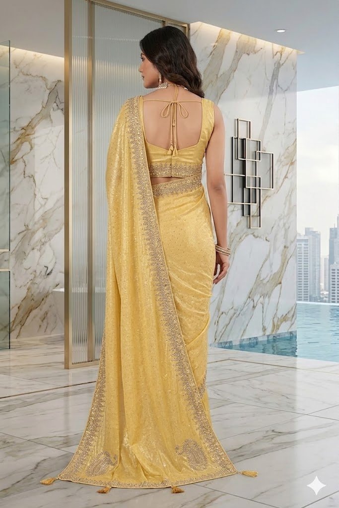 Women's Fancy Chiffon Soft Silk Saree | Intricate Crystal Stone Work | Heavy Designer Border | Includes Unstitched Blouse Piece - Image 3
