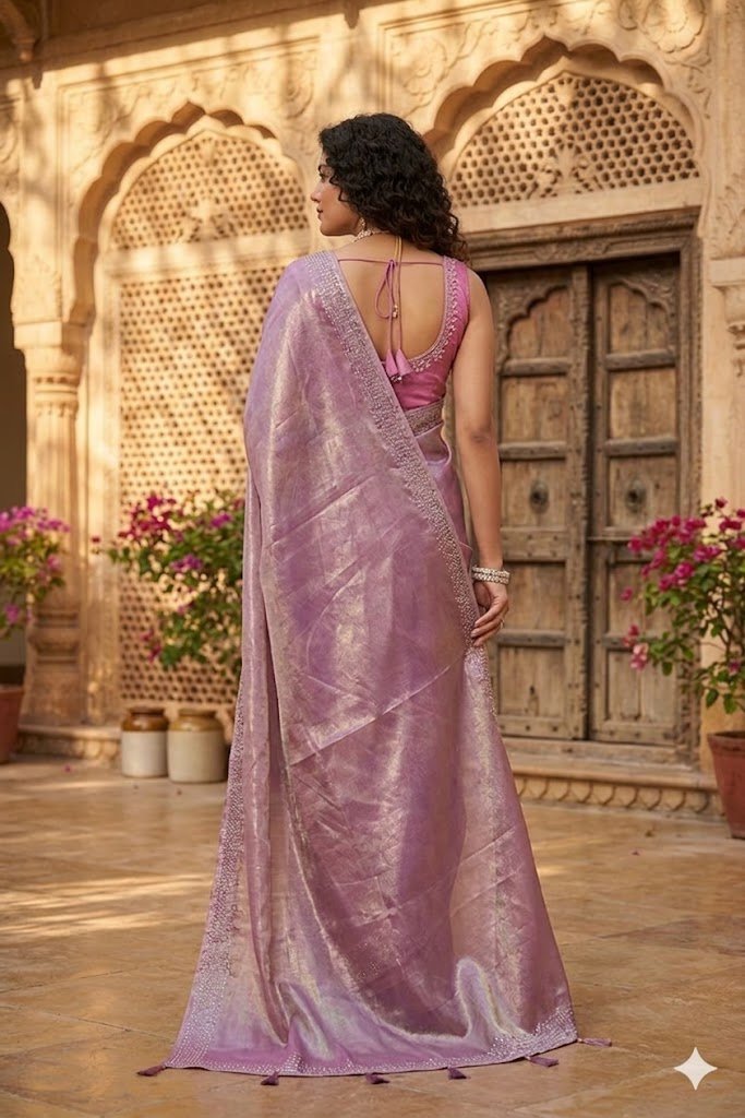 Women's Fancy Chiffon Soft Silk Saree | Intricate Crystal Stone Work | Heavy Designer Border | Includes Unstitched Blouse Piece - Image 2