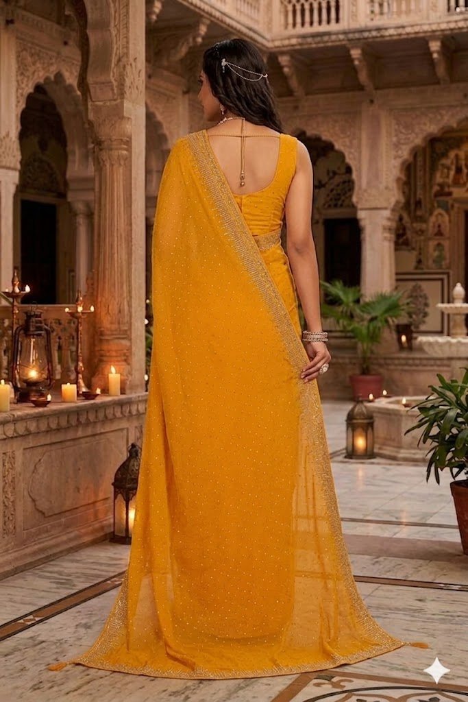Women's Fancy Chiffon Soft Silk Saree | Intricate Crystal Stone Work | Heavy Designer Border | Includes Unstitched Blouse Piece - Image 3