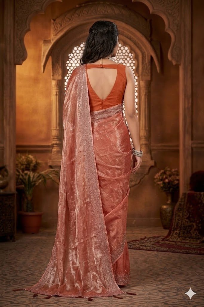 Women's Fancy Chiffon Soft Silk Saree | Intricate Crystal Stone Work | Heavy Designer Border | Includes Unstitched Blouse Piece - Image 4