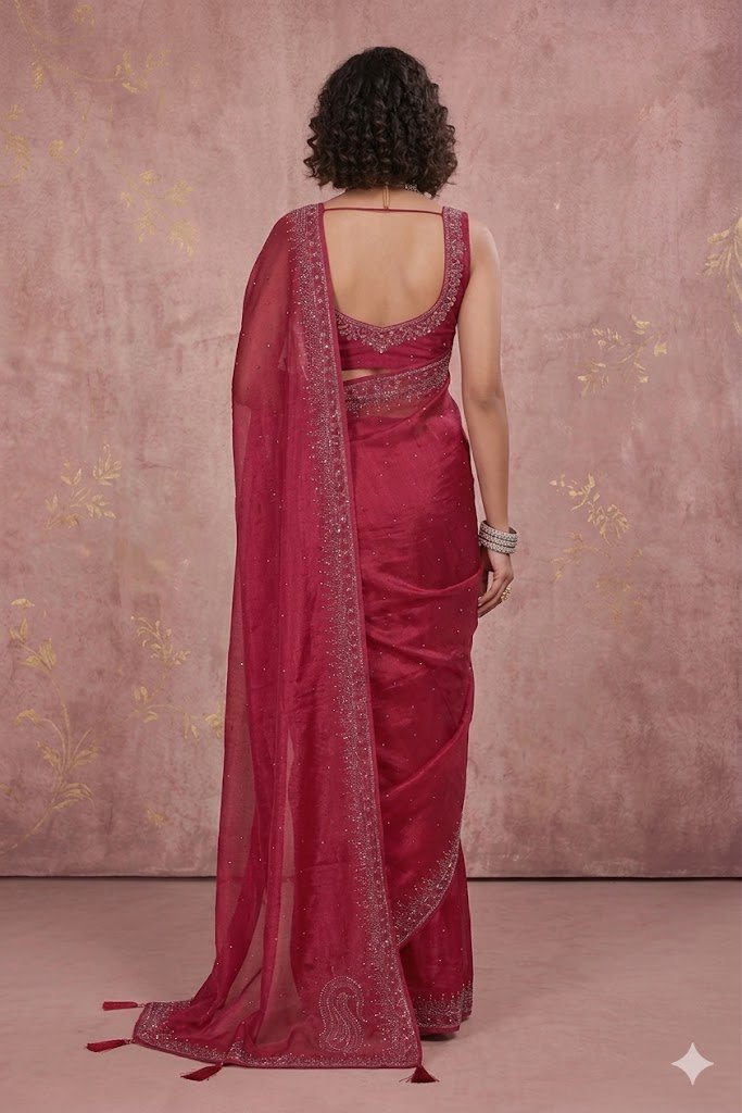 Women's Fancy Chiffon Soft Silk Saree | Intricate Crystal Stone Work | Heavy Designer Border | Includes Unstitched Blouse Piece - Image 3