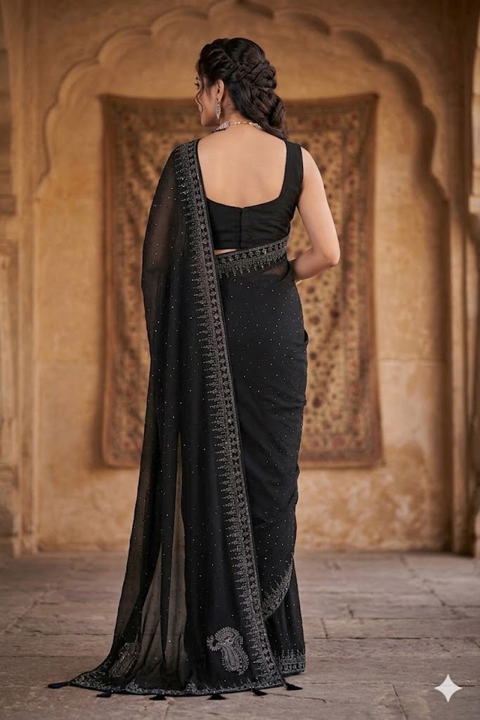 Women's Black Fancy Chiffon Soft Silk Saree | Intricate Crystal Stone Work | Heavy Designer Border | Includes Unstitched Blouse Piece - Image 3