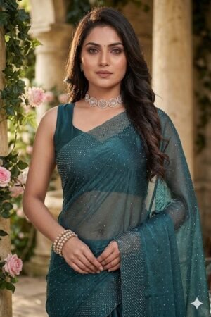 Women's Fandy Chiffon Soft Silk Saree with Crystal Work, Lightweight with Unstitched Blouse Piece