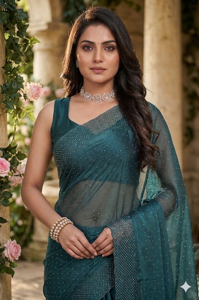 Women's Fandy Chiffon Soft Silk Saree with Crystal Work, Lightweight with Unstitched Blouse Piece