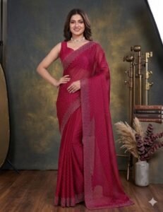 Women's Fandy Chiffon Soft Silk Saree with Crystal Work, Lightweight with Unstitched Blouse Piece