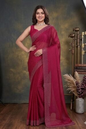 Women's Fandy Chiffon Soft Silk Saree with Crystal Work, Lightweight with Unstitched Blouse Piece