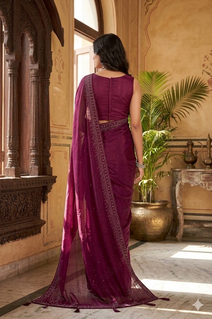 Women's Fancy Chiffon Soft Silk Saree | Intricate Crystal Stone Work | Heavy Designer Border | Includes Unstitched Blouse Piece - Image 4