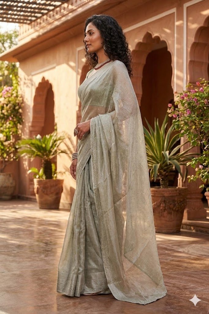 Women's Fancy Chiffon Soft Silk Saree | Intricate Crystal Stone Work | Heavy Designer Border | Includes Unstitched Blouse Piece - Image 4