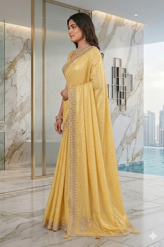 Women's Fancy Chiffon Soft Silk Saree | Intricate Crystal Stone Work | Heavy Designer Border | Includes Unstitched Blouse Piece - Image 2
