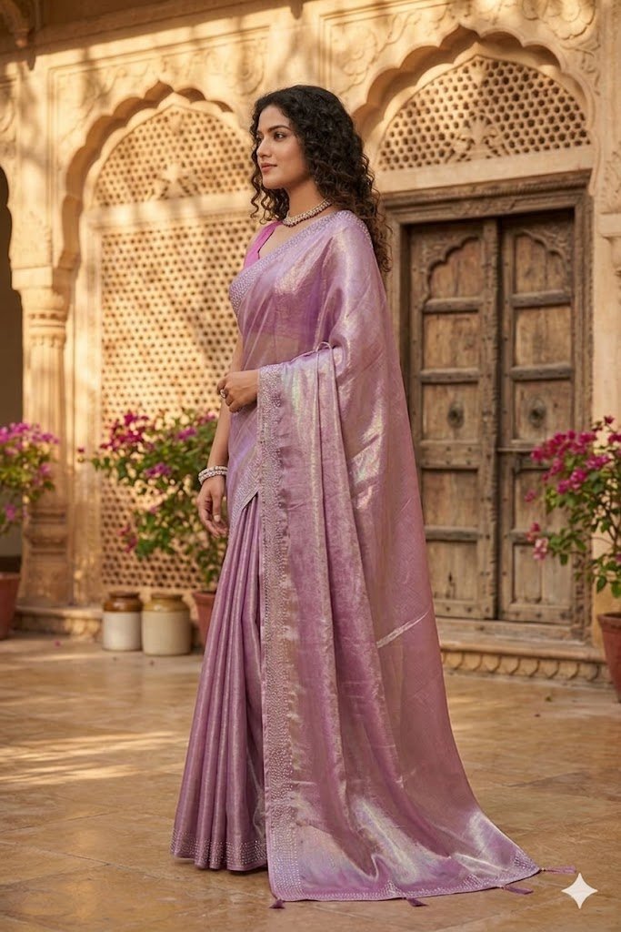 Women's Fancy Chiffon Soft Silk Saree | Intricate Crystal Stone Work | Heavy Designer Border | Includes Unstitched Blouse Piece - Image 3