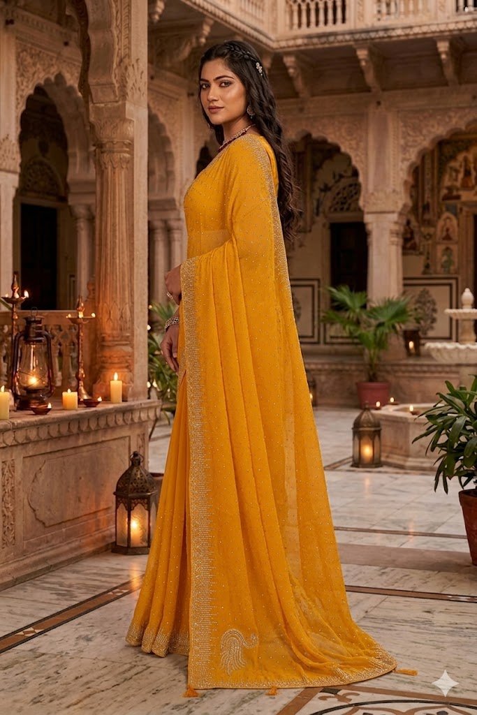 Women's Fancy Chiffon Soft Silk Saree | Intricate Crystal Stone Work | Heavy Designer Border | Includes Unstitched Blouse Piece - Image 2