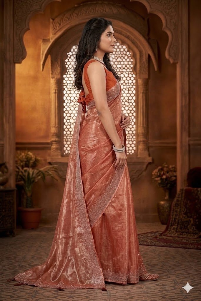 Women's Fancy Chiffon Soft Silk Saree | Intricate Crystal Stone Work | Heavy Designer Border | Includes Unstitched Blouse Piece - Image 3