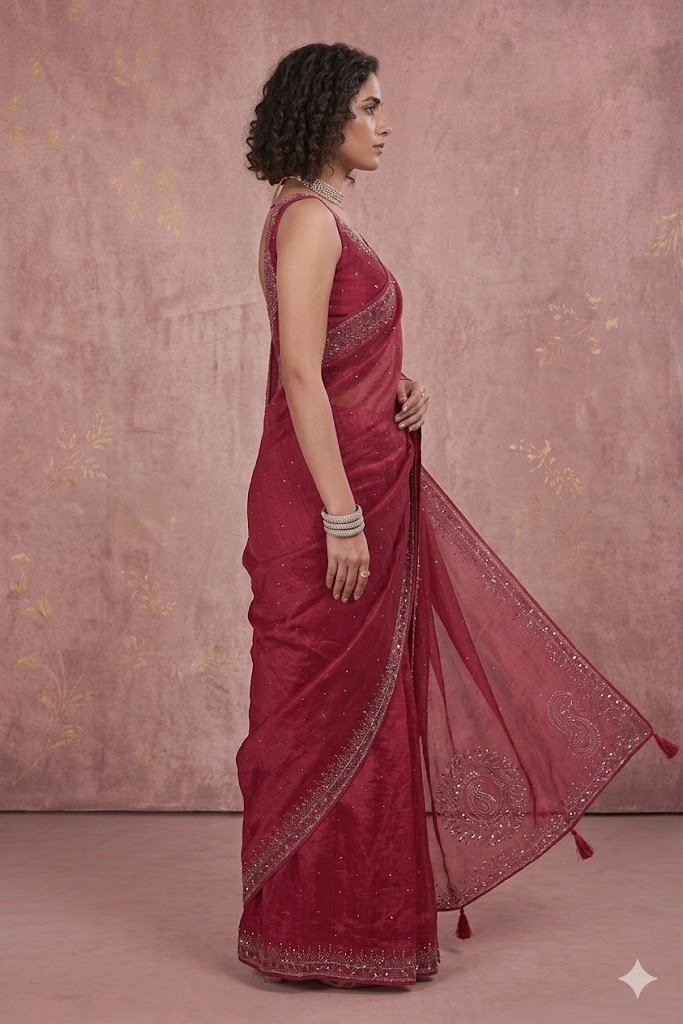 Women's Fancy Chiffon Soft Silk Saree | Intricate Crystal Stone Work | Heavy Designer Border | Includes Unstitched Blouse Piece - Image 2