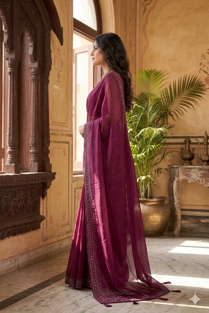 Women's Fancy Chiffon Soft Silk Saree | Intricate Crystal Stone Work | Heavy Designer Border | Includes Unstitched Blouse Piece - Image 3