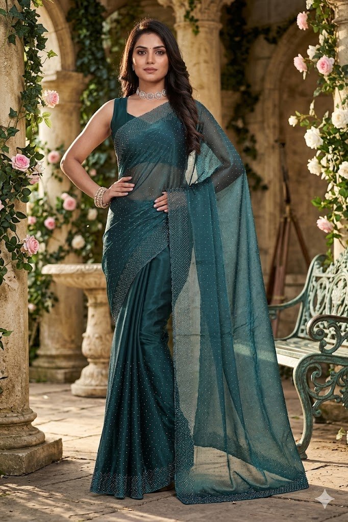Women's Fandy Chiffon Soft Silk Saree with Crystal Work, Lightweight with Unstitched Blouse Piece - Image 2