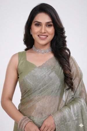 Women's Fandy Chiffon Soft Silk Saree with Crystal Work, Lightweight with Unstitched Blouse Piece