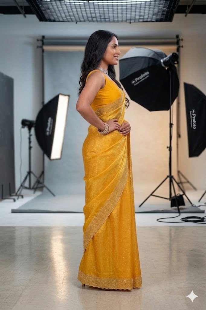 Women's Fandy Chiffon Soft Silk Saree with Crystal Work, Lightweight with Unstitched Blouse Piece - Image 3