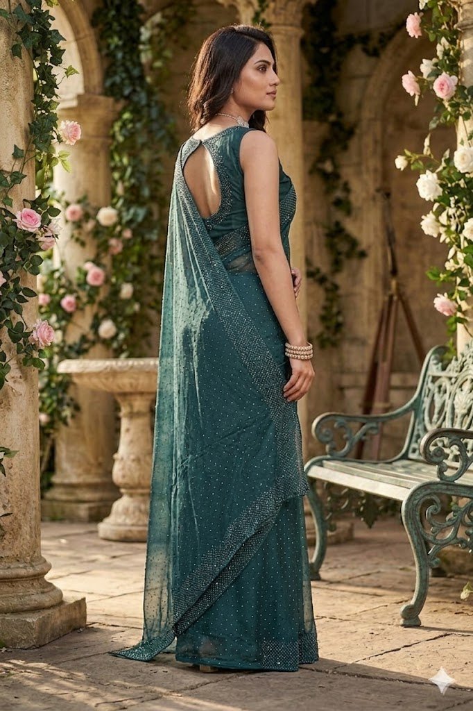 Women's Fandy Chiffon Soft Silk Saree with Crystal Work, Lightweight with Unstitched Blouse Piece - Image 4