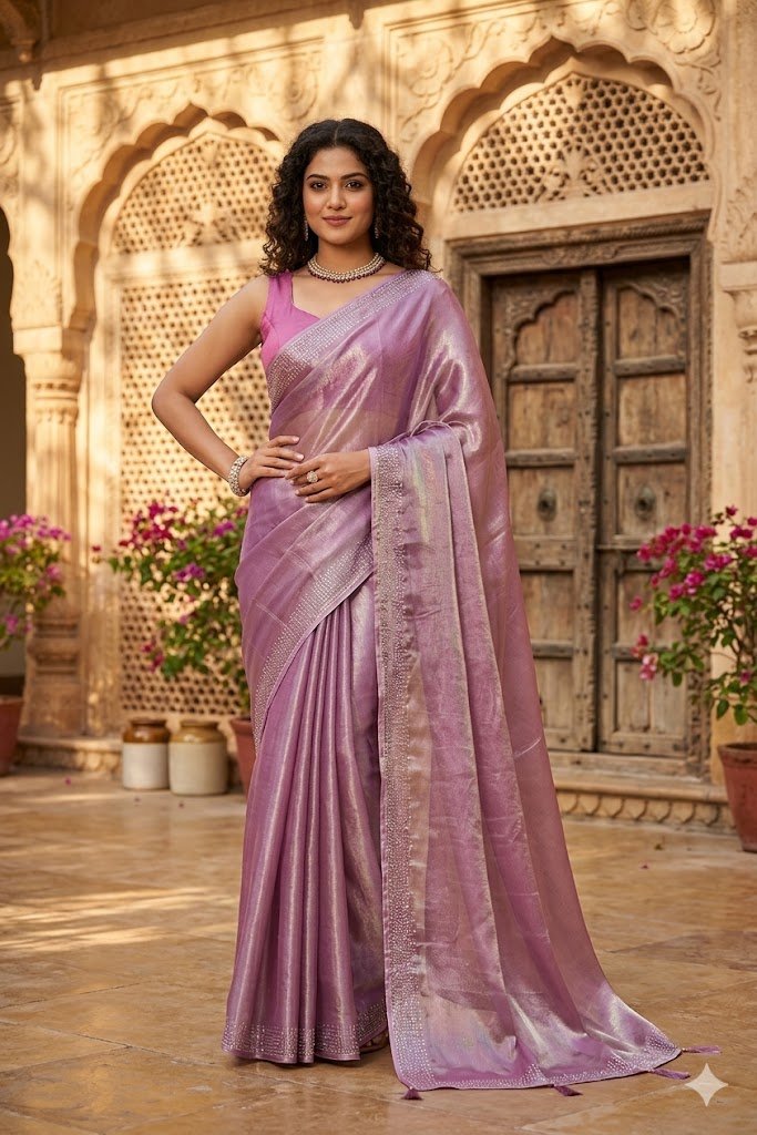 Women's Fancy Chiffon Soft Silk Saree | Intricate Crystal Stone Work | Heavy Designer Border | Includes Unstitched Blouse Piece - Image 4