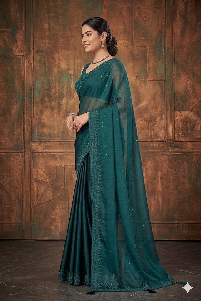 Women's Fancy Chiffon Soft Silk Saree | Intricate Crystal Stone Work | Heavy Designer Border | Includes Unstitched Blouse Piece - Image 2