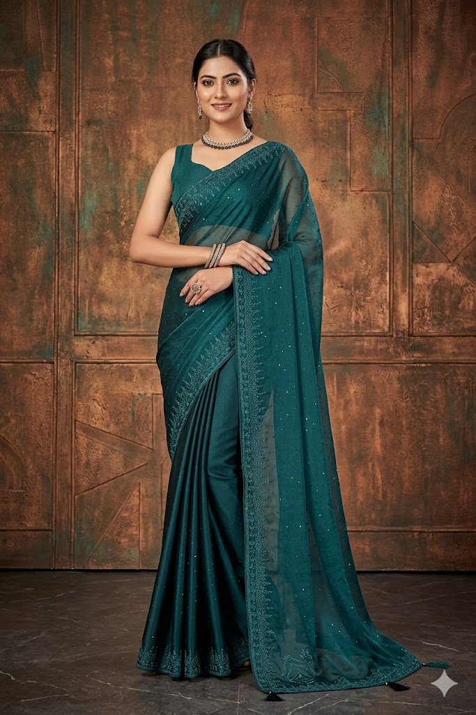 Women's Fancy Chiffon Soft Silk Saree | Intricate Crystal Stone Work | Heavy Designer Border | Includes Unstitched Blouse Piece