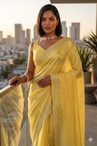 Women's Fandy Chiffon Soft Silk Saree with Crystal Work, Lightweight with Unstitched Blouse Piece