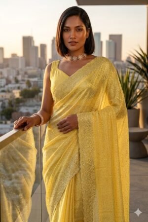 Women's Fandy Chiffon Soft Silk Saree with Crystal Work, Lightweight with Unstitched Blouse Piece