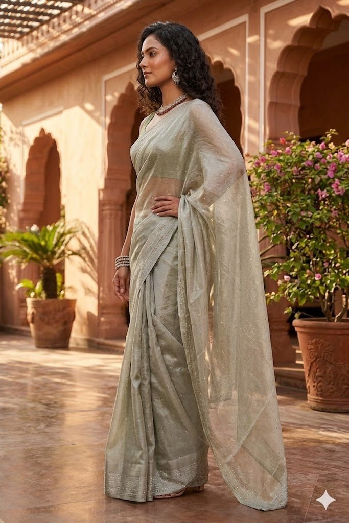 Women's Fancy Chiffon Soft Silk Saree | Intricate Crystal Stone Work | Heavy Designer Border | Includes Unstitched Blouse Piece - Image 3