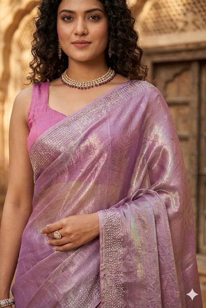 Women's Fancy Chiffon Soft Silk Saree | Intricate Crystal Stone Work | Heavy Designer Border | Includes Unstitched Blouse Piece