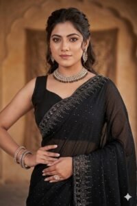 Women's Black Fancy Chiffon Soft Silk Saree | Intricate Crystal Stone Work | Heavy Designer Border | Includes Unstitched Blouse Piece