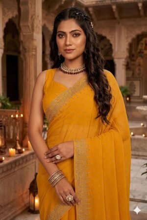Women's Fancy Chiffon Soft Silk Saree | Intricate Crystal Stone Work | Heavy Designer Border | Includes Unstitched Blouse Piece