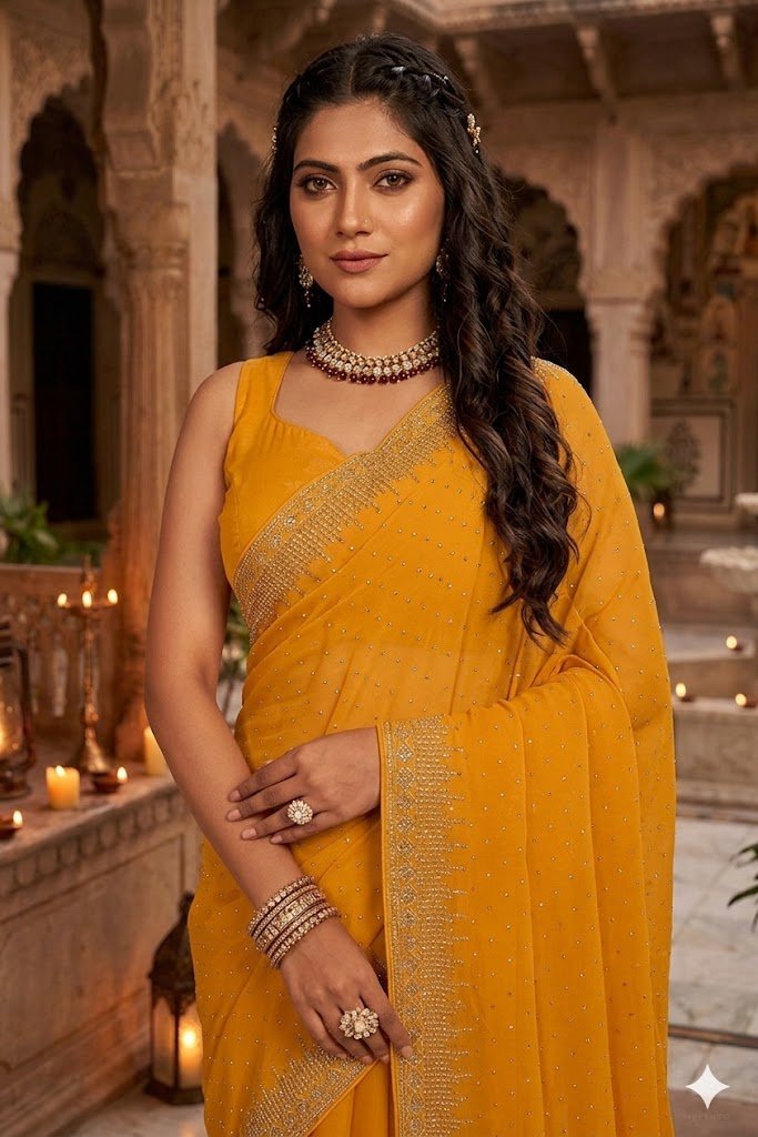 Women's Fancy Chiffon Soft Silk Saree | Intricate Crystal Stone Work | Heavy Designer Border | Includes Unstitched Blouse Piece