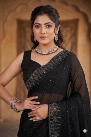 Women's Black Fancy Chiffon Soft Silk Saree | Intricate Crystal Stone Work | Heavy Designer Border | Includes Unstitched Blouse Piece