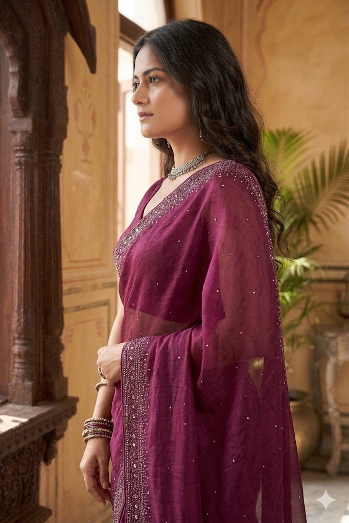 Women's Fancy Chiffon Soft Silk Saree | Intricate Crystal Stone Work | Heavy Designer Border | Includes Unstitched Blouse Piece - Image 2