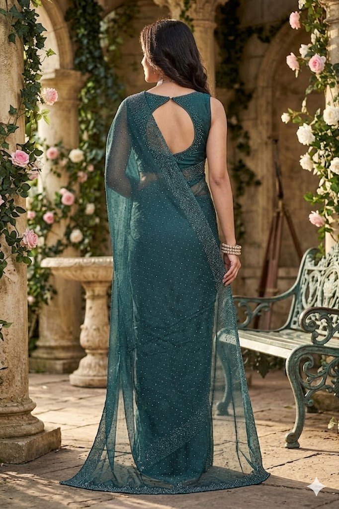 Women's Fandy Chiffon Soft Silk Saree with Crystal Work, Lightweight with Unstitched Blouse Piece - Image 5