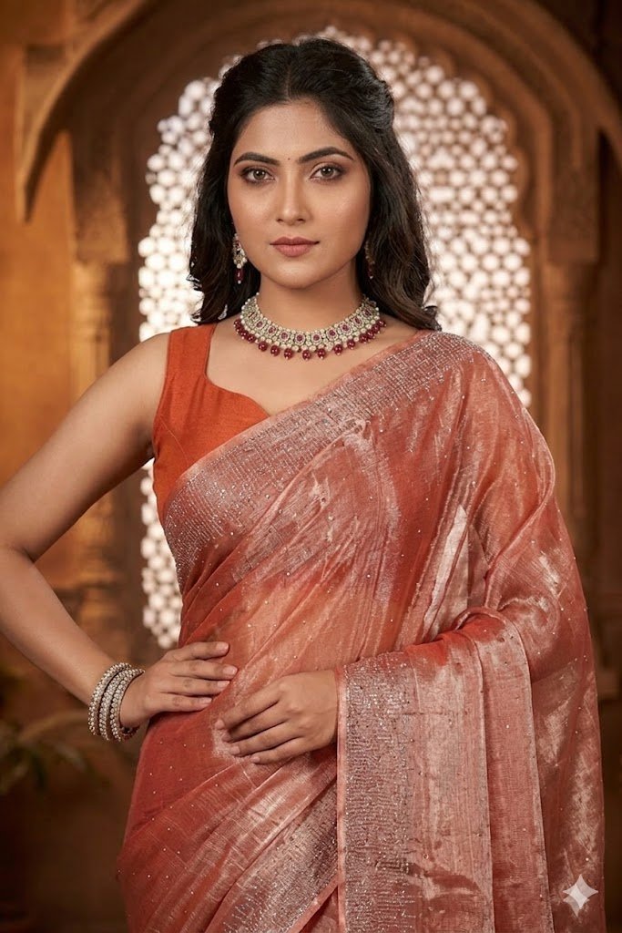 Women's Fancy Chiffon Soft Silk Saree | Intricate Crystal Stone Work | Heavy Designer Border | Includes Unstitched Blouse Piece