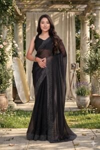 Women's Fandy Chiffon Soft Silk Saree with Crystal Work, Lightweight with Unstitched Blouse Piece