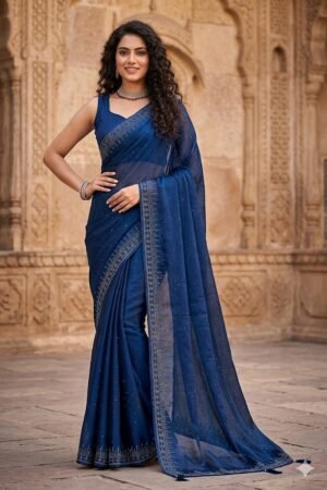 Women's Fancy Chiffon Soft Silk Saree | Intricate Crystal Stone Work | Heavy Designer Border | Includes Unstitched Blouse Piece