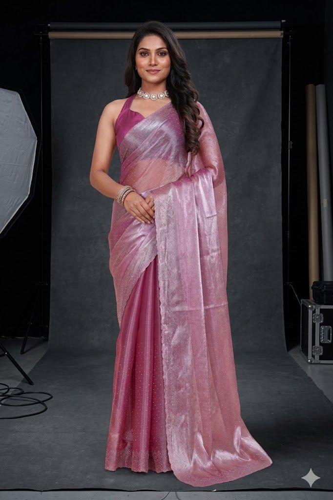 Women's Fandy Chiffon Soft Silk Saree with Crystal Work, Lightweight with Unstitched Blouse Piece