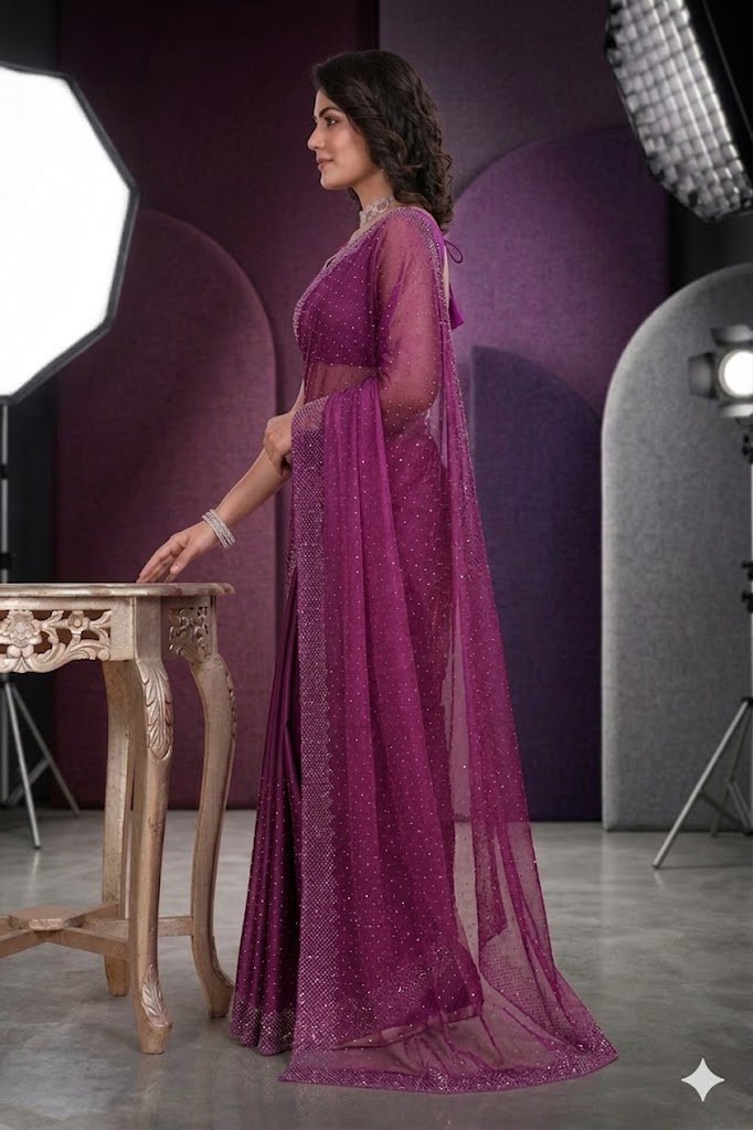 Women's Fandy Chiffon Soft Silk Saree with Crystal Work, Lightweight with Unstitched Blouse Piece - Image 3