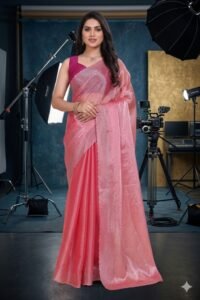 Women's Fandy Chiffon Soft Silk Saree with Crystal Work, Lightweight with Unstitched Blouse Piece